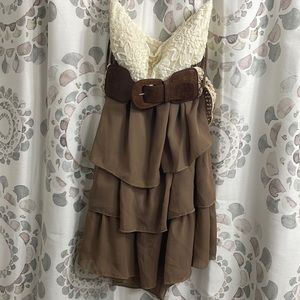 Cute strapless, ruffle dress with detachable macramé belt and bonus dress